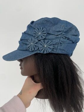 Y2K Chambray Blue Denim Newsboy Cap 3D Flower Details Casual 2000s Style Hat